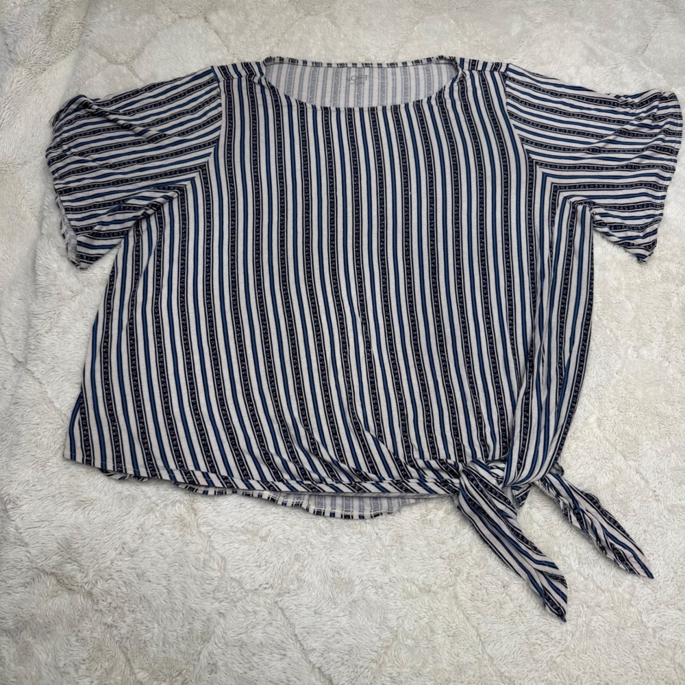 Y2K Coastal Grandma Preppy Relaxed Side Tie Blue White Floral Stretch Blouse XL
